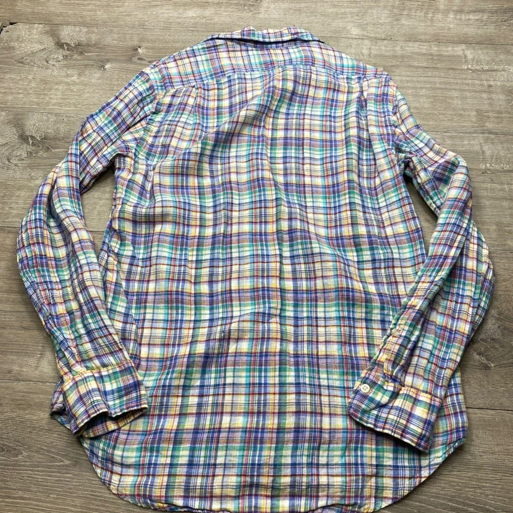 Polo Ralph Lauren Shirt Down Mens Small Plaid 100% Linen Classic Fit